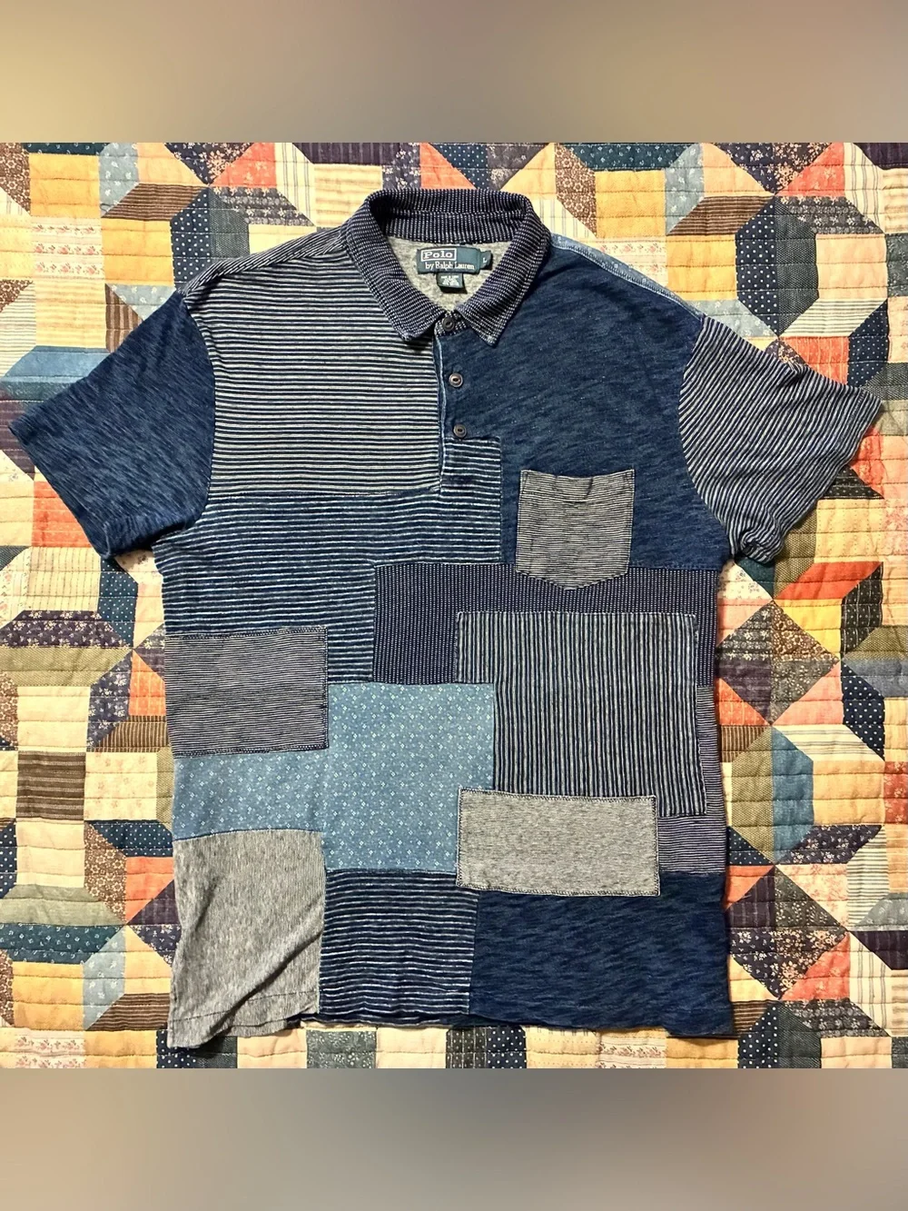VTG. 90’s POLO RALPH LAUREN PATCHWORK POLO SHIRT- SIZE LARGE
